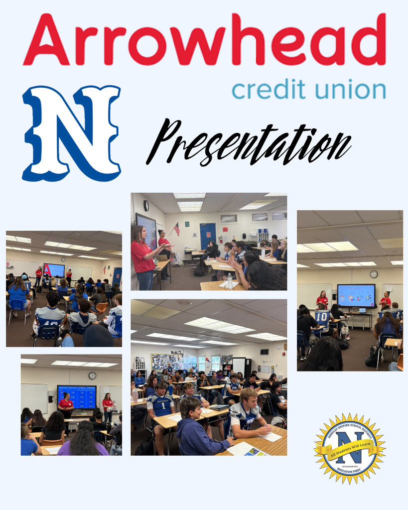 Collage of a classroom presentation sponsored by Arrowhead Credit Union. A speaker engages students seated at desks, with visuals displayed on a screen.