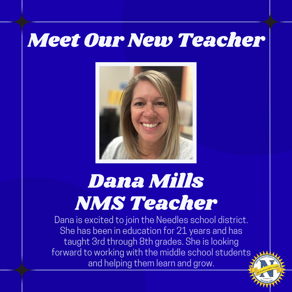 Blue graphic introducing a smiling woman with text: "Meet Our New Teacher, Dana Mills, NMS Teacher." Emphasizes excitement and teaching experience.