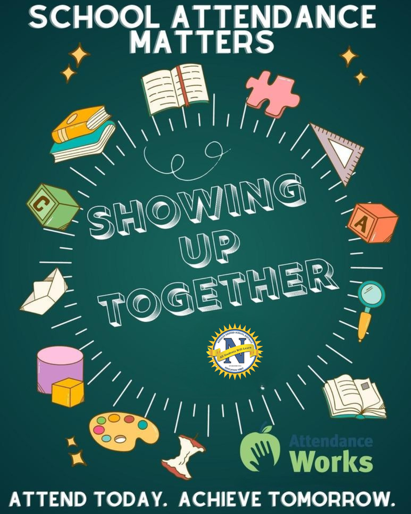Stylized poster with a green background emphasizing "Showing Up Together" and "School Attendance Matters," featuring books, a puzzle piece, and school items. Tone: motivational.