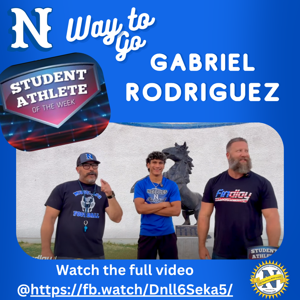 Alt text: "Gabriel Rodriguez is named Student Athlete of the Week. He stands smiling between two men in sports attire, with a horse statue behind them. Text reads 'Way to Go' and provides a video link."