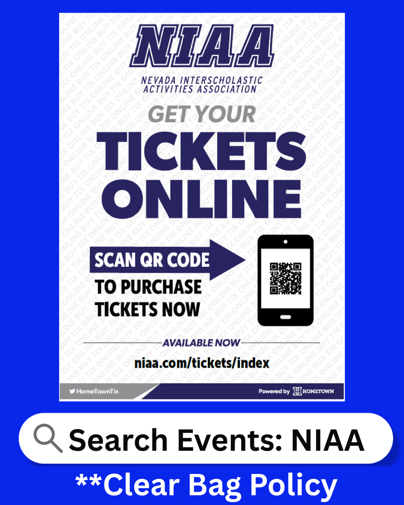 NIAA ticket poster with bold text: "Get Your Tickets Online." Features a QR code for purchase and a link. Blue background and clear bag policy note.