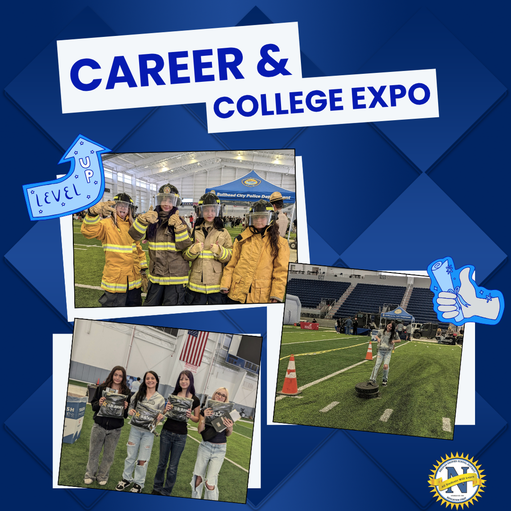 Alt text: "Career & College Expo collage on blue background. Top: Four people in firefighting gear smiling under a police tent. Bottom left: Four young women holding certificates. Bottom right: Person lifting weights on a field, surrounded by traffic cones. Energetic and vibrant atmosphere."