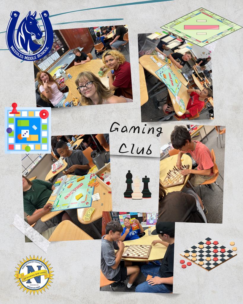 Collage of students at a middle school gaming club playing board games like Monopoly and chess. The atmosphere is lively and engaging.