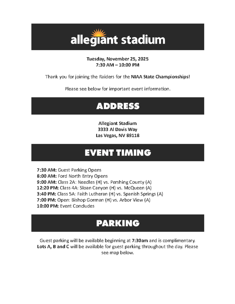 Alt text: Flyer for event at Allegiant Stadium on November 25, 2025, from 7:30 AM to 10 PM. Includes address, event timing, and parking details.