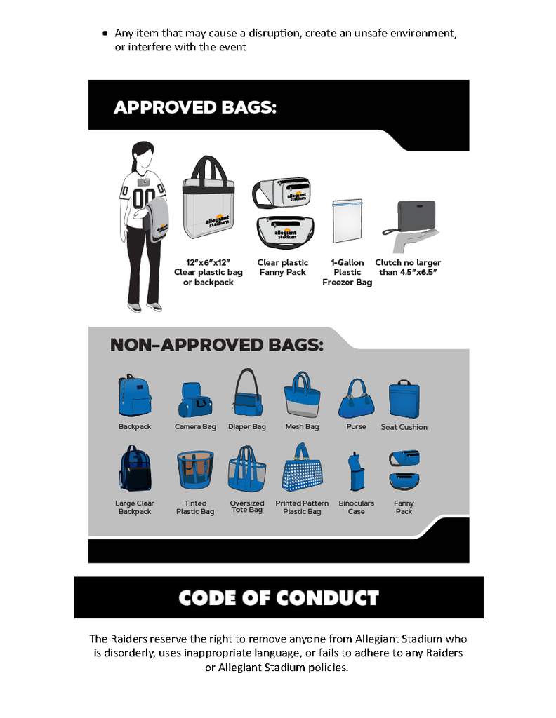 Image showing "Approved Bags" and "Non-Approved Bags" for Allegiant Stadium. Approved: clear bags, fanny pack, small clutch. Non-approved: backpacks, purses. A code of conduct is stated.