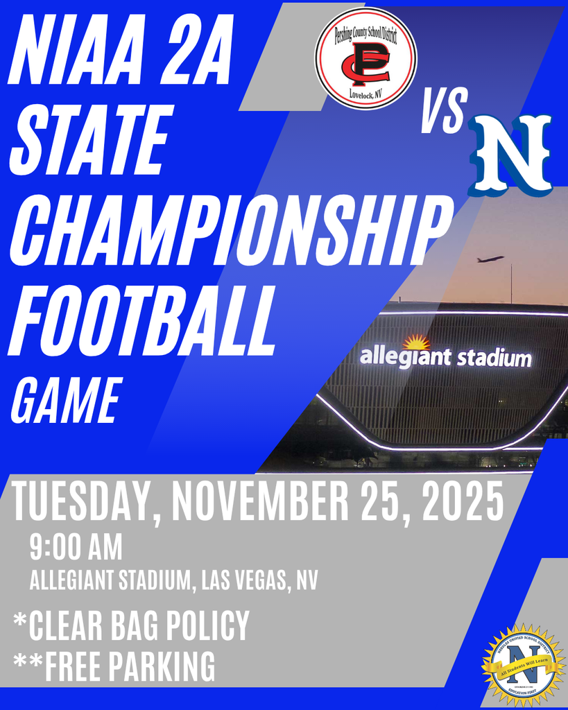NIAA 2A State Championship Football game announcement. Event on Tuesday, November 25, 2025, 9:00 AM at Allegiant Stadium, Las Vegas. Teams' logos shown.