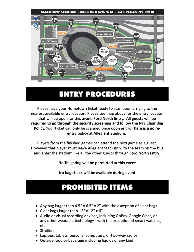 Allegiant Stadium entry procedures map. Highlights "Ford North Entry" and parking zones. Lists prohibited items and enforces NFL Clear Bag Policy.