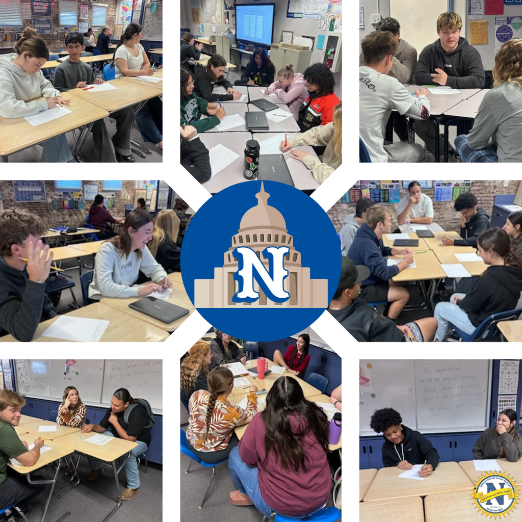Students collaborate in small groups in a classroom setting, engaged in discussions and note-taking. A central graphic features a dome with an "N." The atmosphere is focused and interactive.