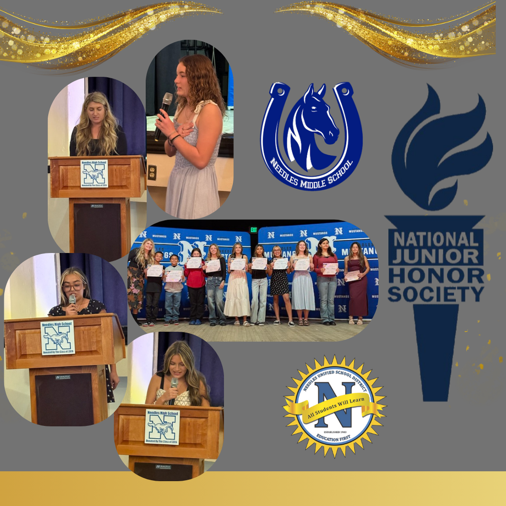 A collage of students at a National Junior Honor Society event. Includes four students speaking at a podium and a group holding certificates. Logos present.