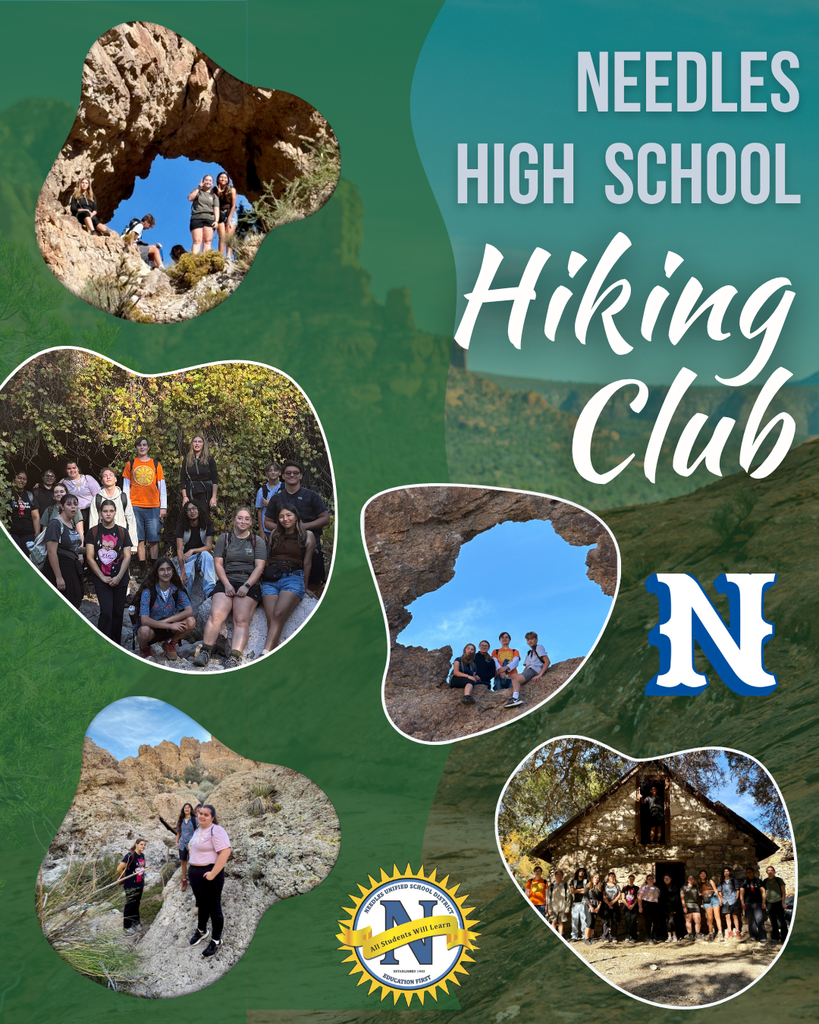 Alt text: Collage of the Needles High School Hiking Club. Five photos of students hiking near rock formations and a cabin. Joyful, adventurous tone.