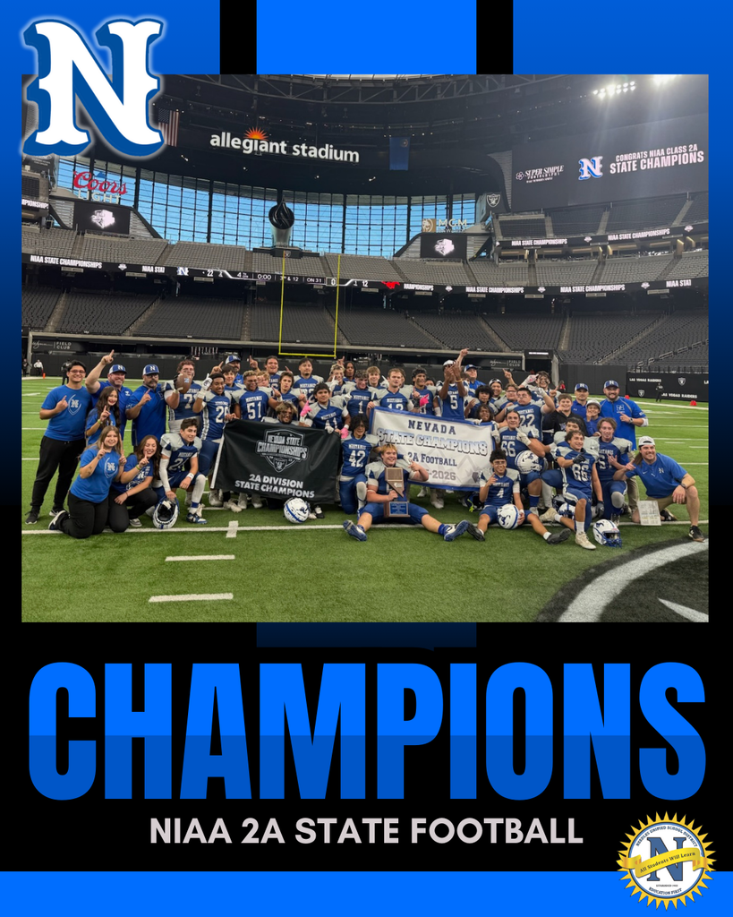 A victorious football team in blue jerseys celebrates on a stadium field, holding a championship banner. The atmosphere is joyful and triumphant.