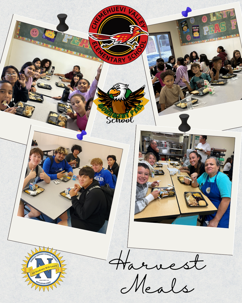 Students and staff enjoy meals in a cheerful school cafeteria setting during a Harvest Meals event. Includes school logos and decor.