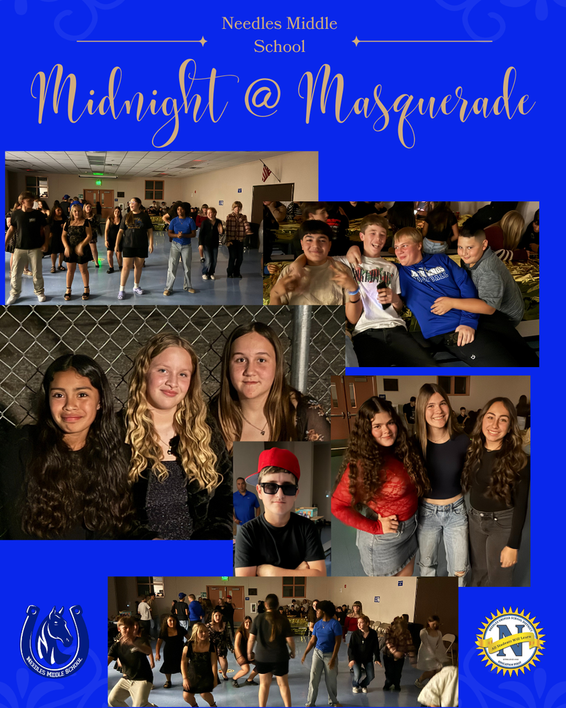 Collage of Needles Middle School's "Midnight @ Masquerade" dance. Students joyfully pose in groups, revealing a festive atmosphere. Blue and gold theme.
