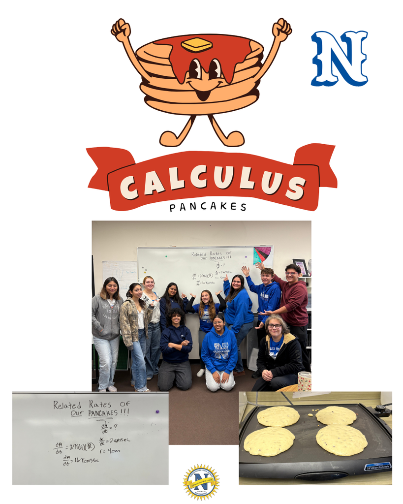 Cartoon pancake character above a group of smiling students posing by a whiteboard with calculus equations. Images of pancakes cooking on a griddle.
