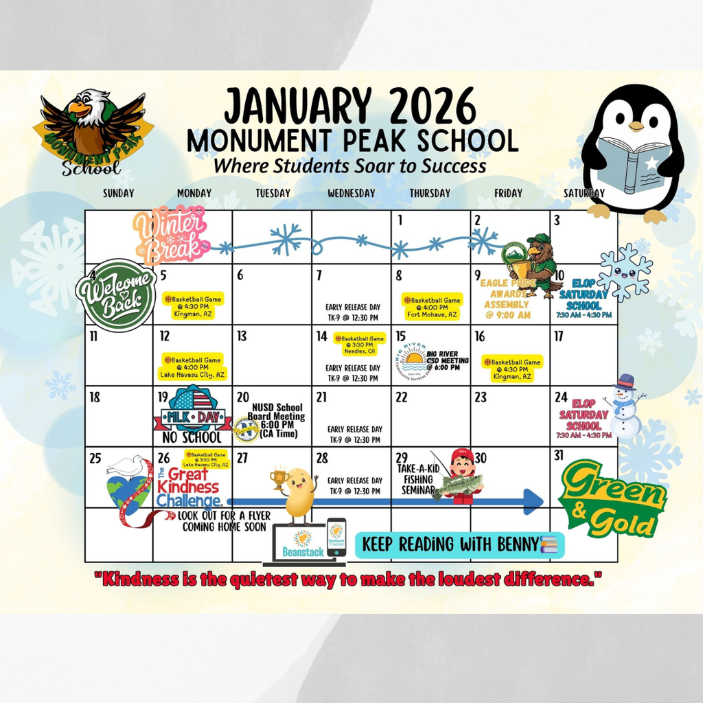 January 2026 calendar for Monument Peak School, featuring events, basketball games, and colorful winter-themed graphics like a penguin and snowflakes.