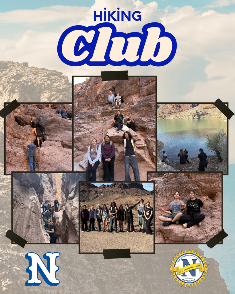Collage of Hiking Club activities. Groups explore rocky landscapes, pose by water, and relax outdoors. Energetic and adventurous vibe.
