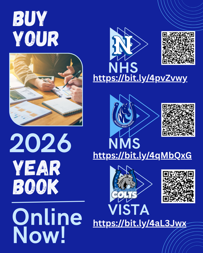 Flyer promoting the 2026 yearbook sale with "Buy Your Yearbook Online Now!" text. Includes links and QR codes for NHS, NMS, and VISTA. Blue background.