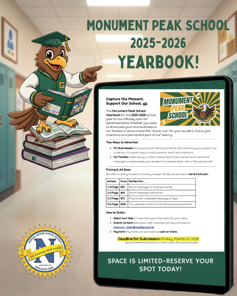 Cartoon eagle in a cap and gown stands on books, holding a diploma. Text reads "Monument Peak School 2025-2026 Yearbook!" with ad details. Bright, educational tone.