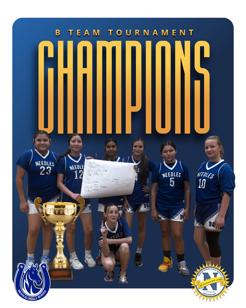 A girls' basketball team in blue jerseys poses with a trophy. They hold a tournament bracket, smiling under "Champions" text. Excited and proud.