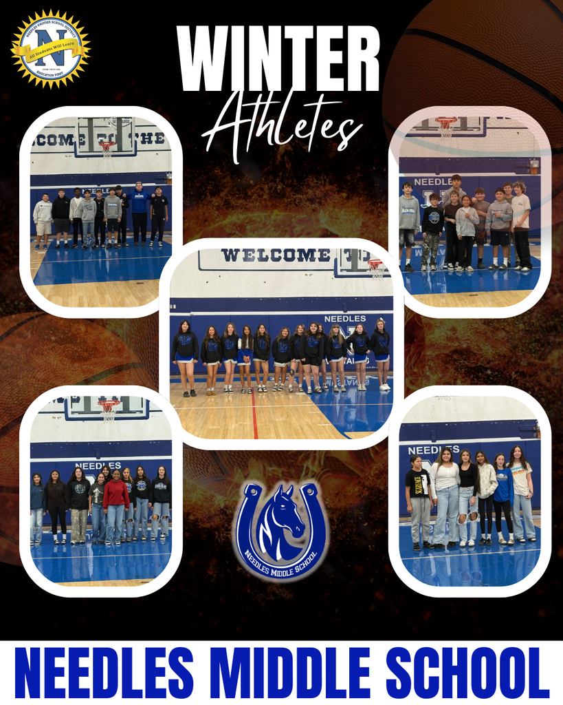 Collage of diverse middle school teams in a gym, labeled "Winter Athletes." They stand proudly on the court, exuding unity and team spirit.