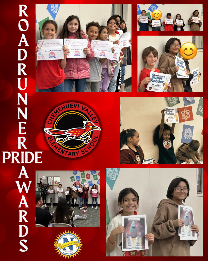 A collage of children at Chemehuevi Valley Elementary School holding certificates at the Roadrunner Pride Awards. Smiling and celebratory atmosphere.