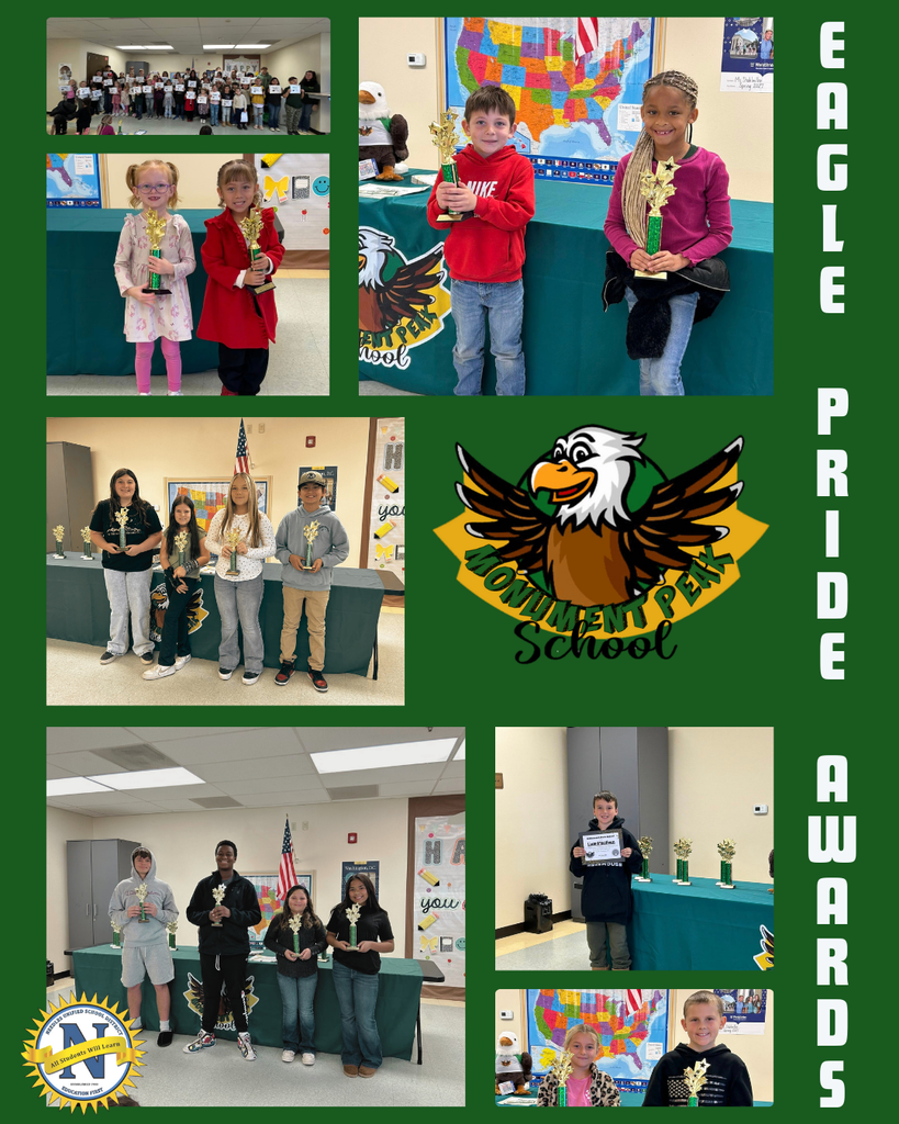 Collage of students at Monument Peak School holding trophies, standing proudly. "Eagle Pride Awards" text and school logo featured prominently. Celebratory tone.
