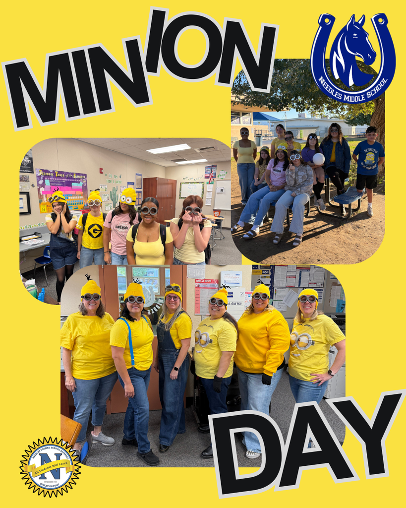 Groups of people dressed as Minions in yellow shirts and overalls at a school event. They pose playfully, conveying a fun and cheerful atmosphere.