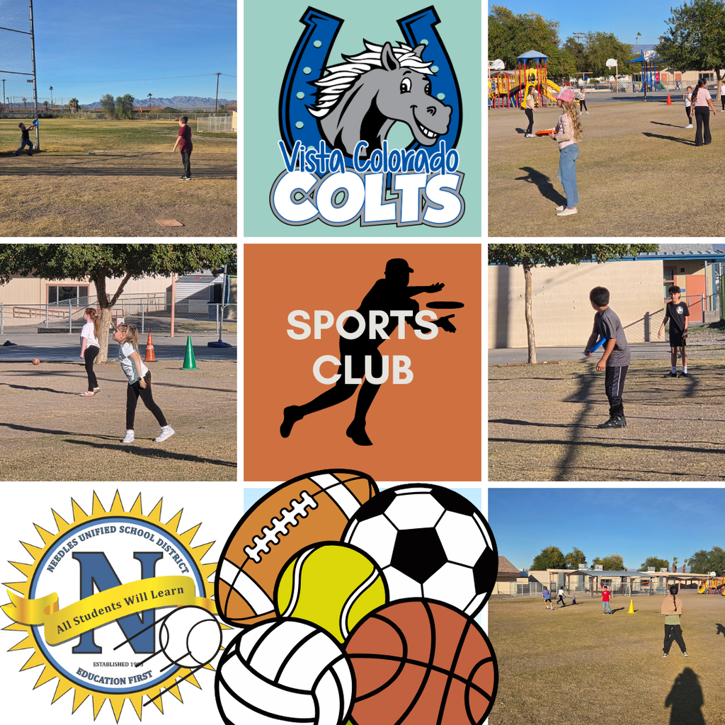 Collage of outdoor sports club activities with children playing, a Vista Colorado Colts logo, sports equipment illustration, and school district emblem. The mood is active and engaging.