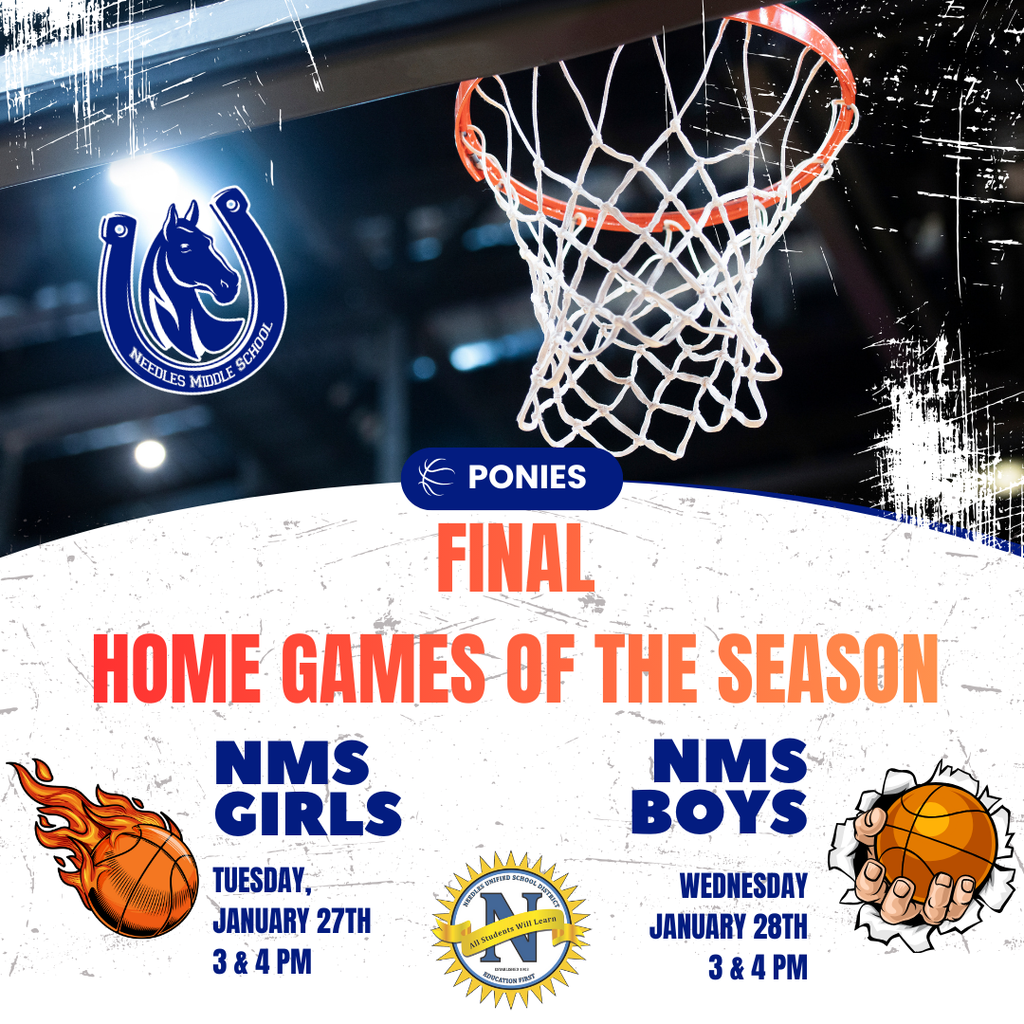 Close-up of a basketball hoop on a black and white grunge background. Text reads, "Ponies Final Home Games of the Season." "NMS Girls, Jan 27th" with flaming basketball, "NMS Boys, Jan 28th" with hands holding a basketball.