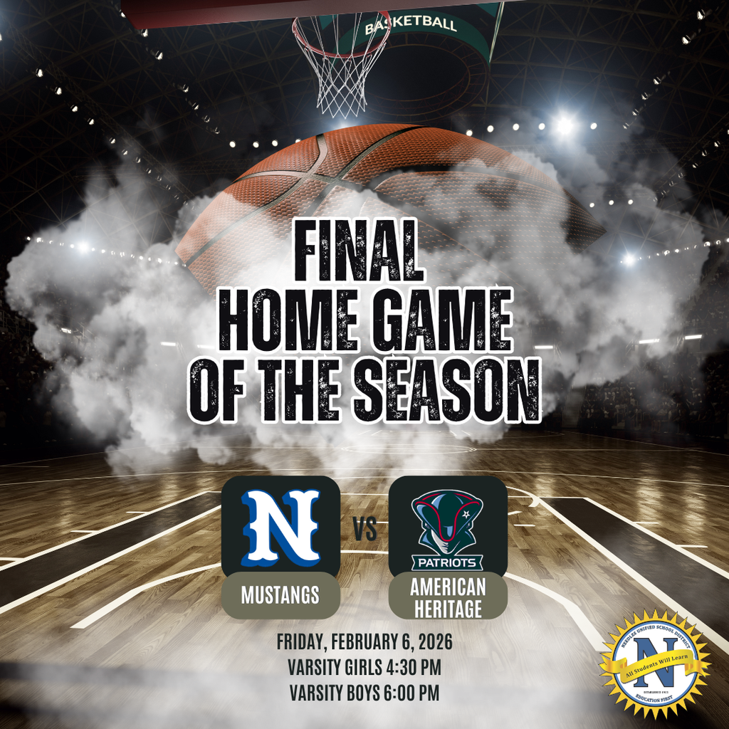 A basketball arena with dramatic lighting and smoke features a large ball. Text reads, "Final Home Game of the Season." Teams: Mustangs vs. Patriots. Game date: February 6, 2026.