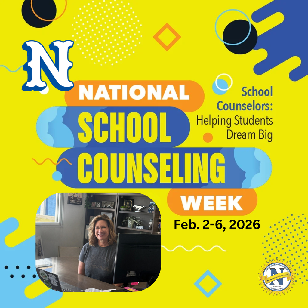Yellow graphic for National School Counseling Week, Feb. 2-6, 2026, with a smiling woman at a desk. Text: "School Counselors: Helping Students Dream Big."