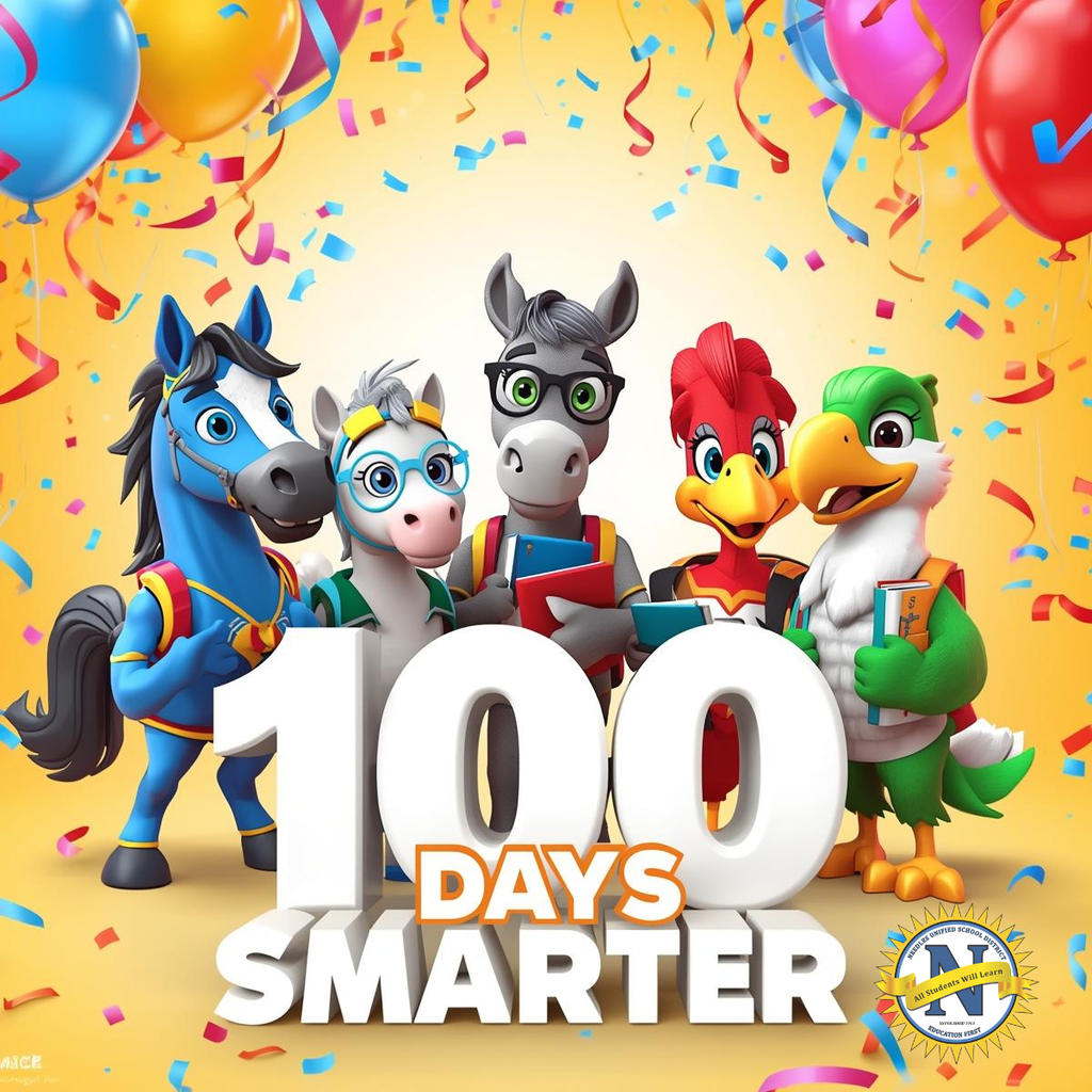 Five colorful cartoon animals celebrate against a festive backdrop with balloons and confetti. Bold text reads "100 Days Smarter," conveying joy and achievement.