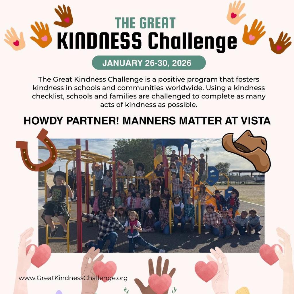 Children and adults gather around a colorful playground, smiling and wearing cowboy hats. Text promotes the Great Kindness Challenge, January 26-30, 2026.
