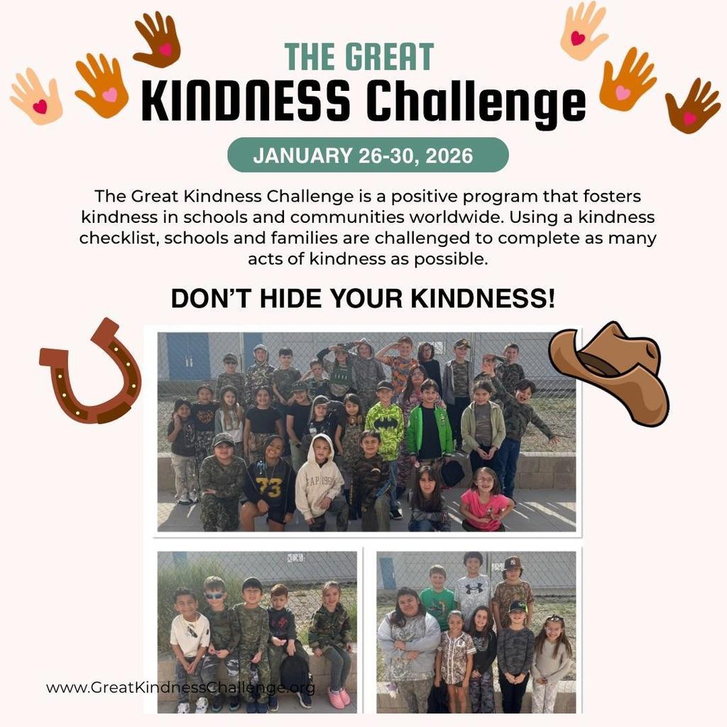 Children and adults gather around a colorful playground, smiling and wearing cowboy hats. Text promotes the Great Kindness Challenge, January 26-30, 2026.