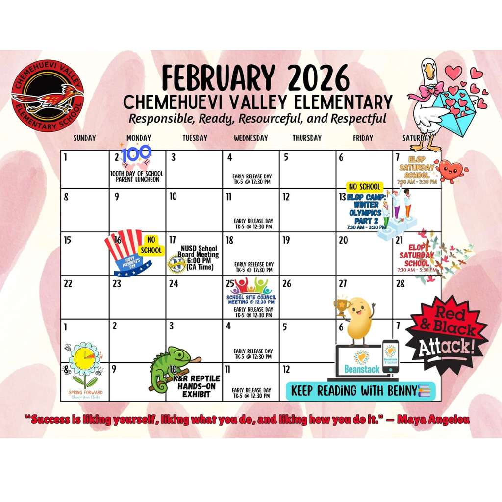 February 2026 calendar for Chemehuevi Valley Elementary with events like a parent luncheon, school meetings, and special programs. Decorative icons include a stork, hearts, and a dinosaur, creating a fun and lively tone. Bright colors and motivational quote at the bottom add positivity.