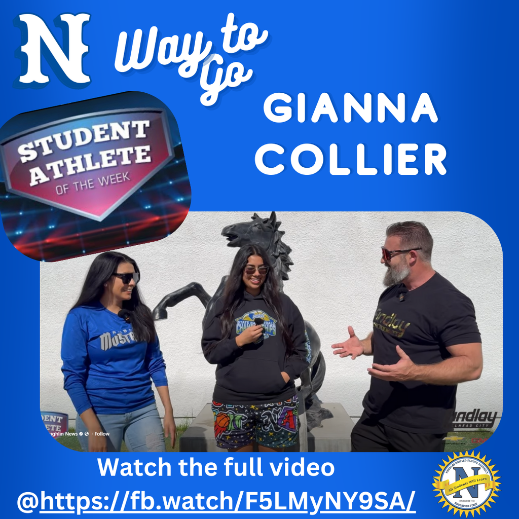 "Image of Gianna Collier, named Student Athlete of the Week, standing with two others beside a horse sculpture. Text overlay includes congratulations and video link."
