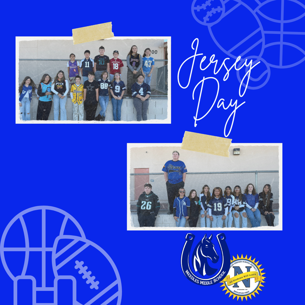 Group of students wearing various sports jerseys pose for a "Jersey Day" photo against a blue background with sports graphics. Text: "Jersey Day."
