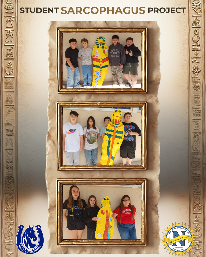 A collage showcases three groups of students standing proudly around colorful, handmade sarcophagi. The background features Egyptian motifs. The tone is celebratory and educational.