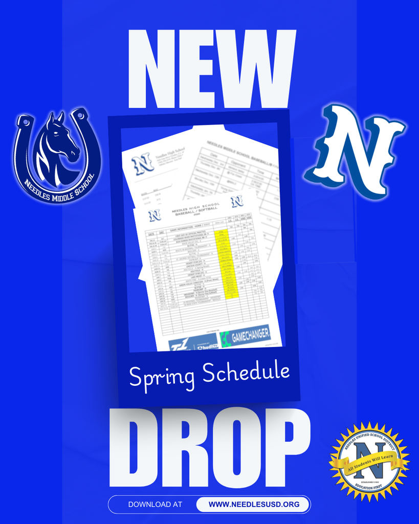 Alt text: "Announcement poster with a blue background featuring 'New Spring Schedule Drop.' Includes school logos, schedule papers, and a download link."