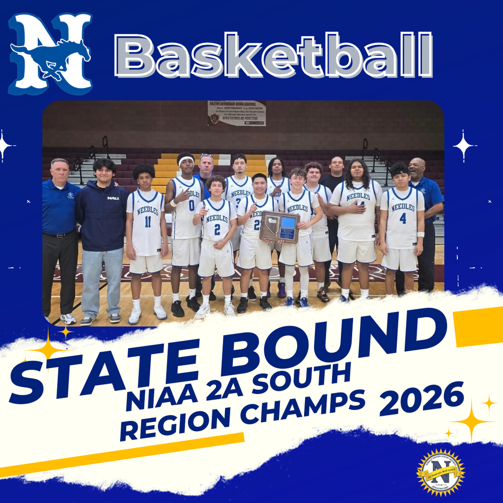 Team photo of a high school basketball team posing with a trophy. Text reads "State Bound, NIAA 2A South Region Champs 2026." Enthusiastic and celebratory.
