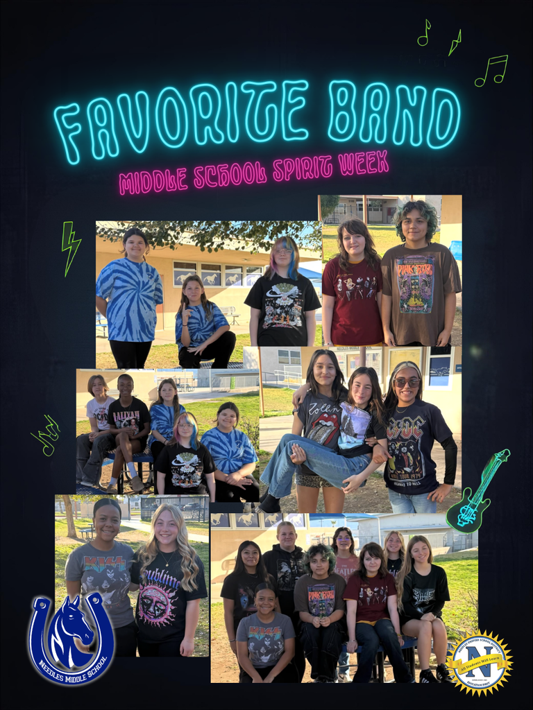 Graphic reading “Favorite Band – Middle School Spirit Week” in neon-style lettering at the top. Collage of multiple photos shows diverse middle school students outdoors on campus wearing band T-shirts, including rock and pop bands. Students pose in small groups, smiling, sitting, and standing together. School logos appear in the bottom corners, with music note and guitar graphics decorating the dark background.