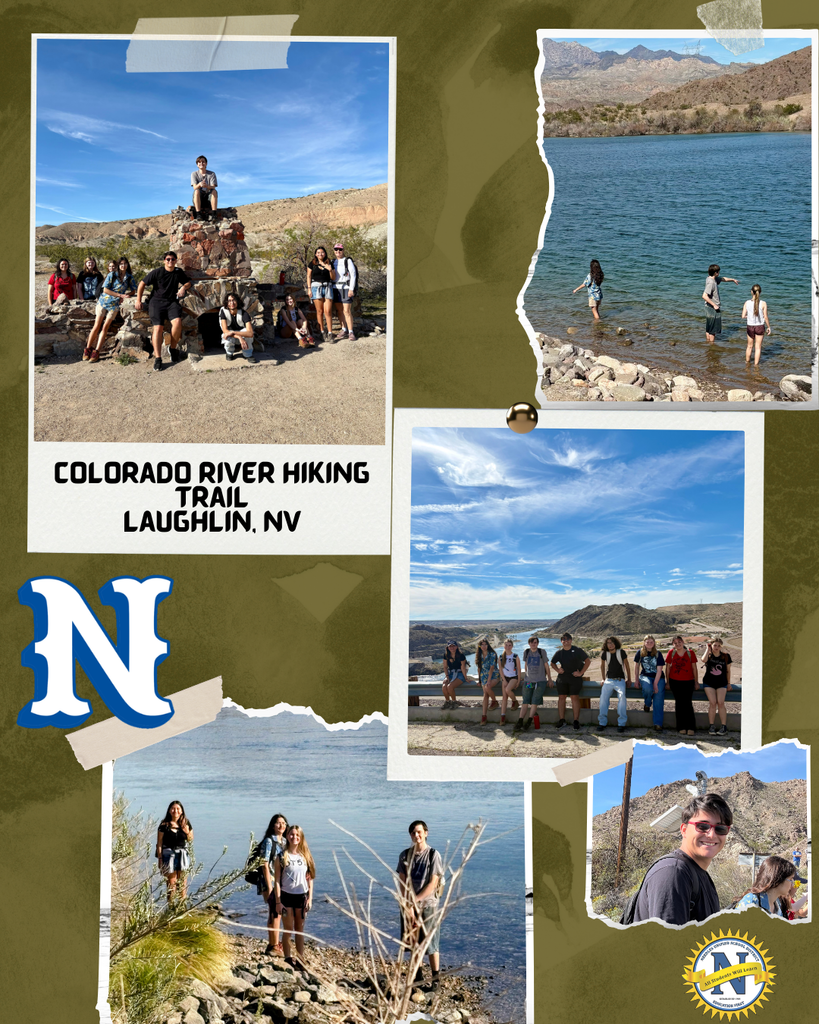 Alt text: Collage-style graphic showing students from a school hiking trip at the Colorado River Hiking Trail in Laughlin, Nevada. Several photos show students posing on desert rock formations, sitting at a scenic overlook, and standing along the riverbank. One image shows students wading in the water along the rocky shoreline. The background features desert mountains, blue skies, and the Colorado River. The text reads “Colorado River Hiking Trail, Laughlin, NV,” and a large blue “N” school logo appears on the left.