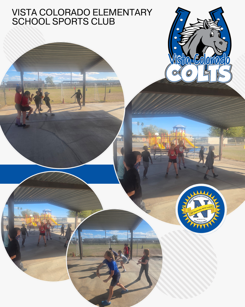 **Alt Text:** Graphic titled “Vista Colorado Elementary School Sports Club” featuring the Vista Colorado Colts horseshoe logo and the Helendale School District emblem. Four circular photos show elementary students playing outdoor games under a shaded playground structure, running and tossing balls while participating in sports club activities near a playground and fenced field.