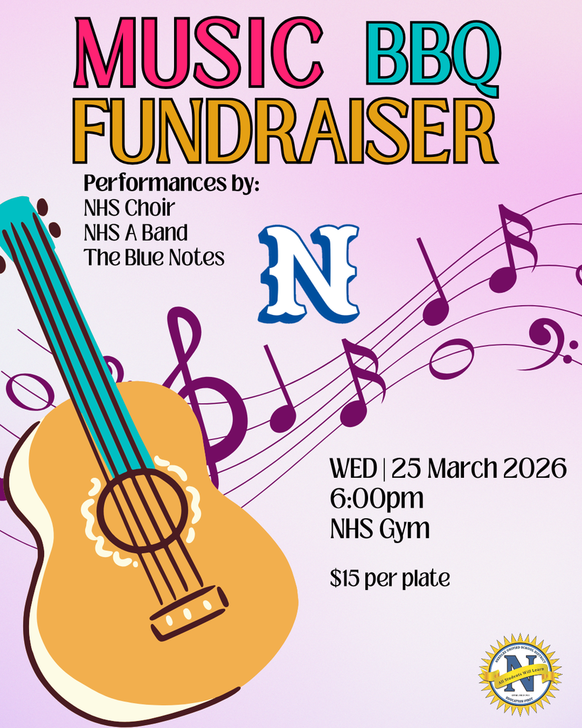 **ADA-Compliant Alt Text:**  Flyer for a “Music BBQ Fundraiser” featuring performances by NHS Choir, NHS A Band, and The Blue Notes. Event details: Wednesday, March 25, 2026 at 6:00 p.m. in the NHS Gym. Cost is $15 per plate. The design includes a large guitar illustration and musical notes across a pink gradient background, with a blue “N” logo and the Needles Unified School District seal.