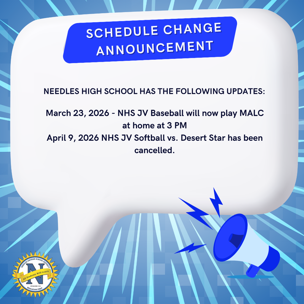 Graphic announcing schedule changes: NHS JV Baseball plays home March 23 at 3 PM; JV Softball vs Desert Star April 9 cancelled; blue background with megaphone icon.