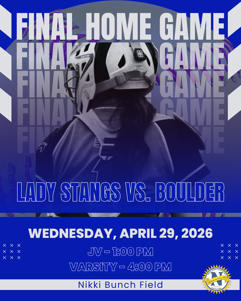Promotional graphic for a softball game featuring a player in a helmet viewed from behind against a blue background with repeated “Final Home Game” text. Main text reads “Final Home Game – Lady Stangs vs. Boulder.” Event details list Wednesday, April 29, 2026, with JV at 1:00 PM and Varsity at 4:00 PM at Nikki Bunch Field. School branding and decorative elements appear throughout.