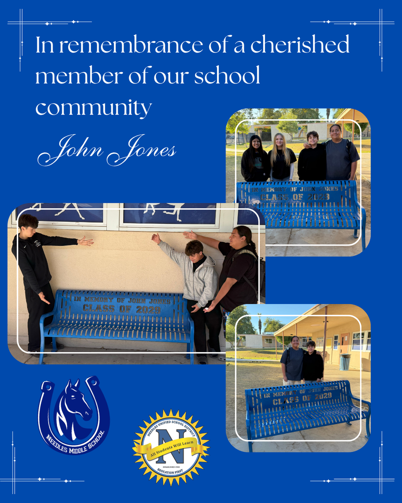Alt text:  A blue memorial graphic honors a student named John Jones from a school community. White text reads, “In remembrance of a cherished member of our school community – John Jones.” Three photos show students gathered around a bright blue memorial bench on a school campus. The bench is engraved with “In memory of John Jones, Class of 2029.” In one image, three students gesture toward the bench; in another, four students stand behind it smiling; in a third, two students stand beside it. The background includes school buildings and outdoor walkways. School logos appear at the bottom of the graphic.