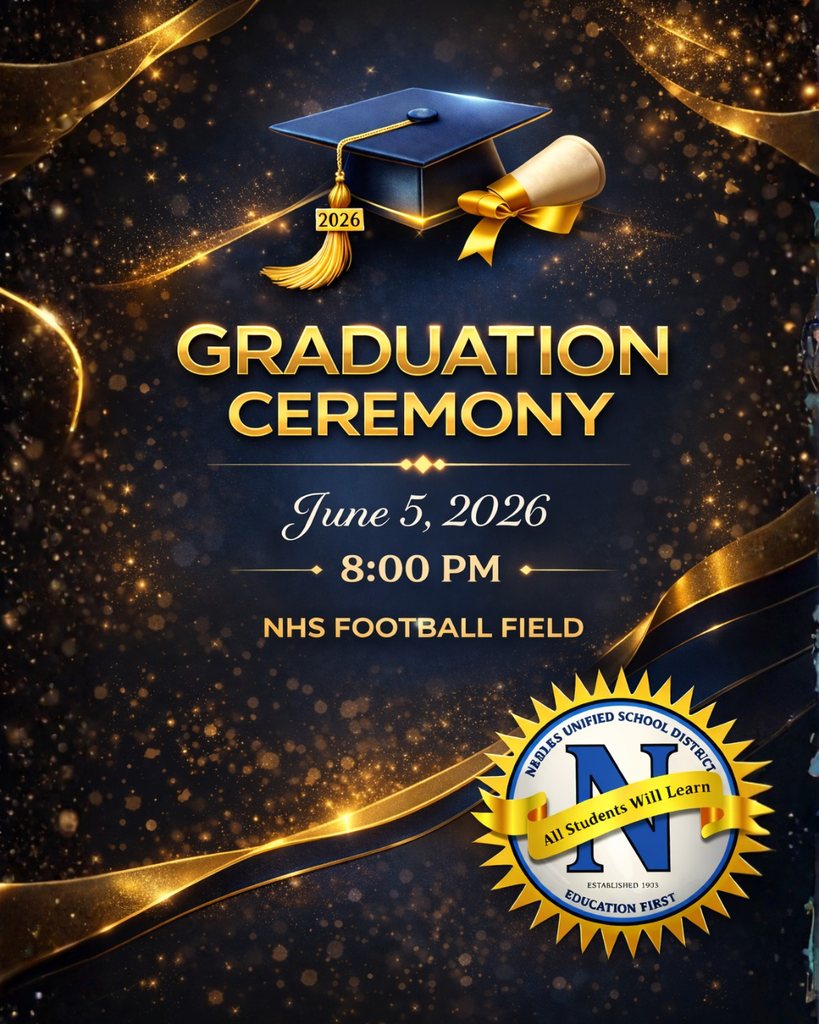 Alt text: Elegant graduation announcement graphic with a dark blue and gold theme featuring sparkles and flowing gold ribbons. At the top is a graduation cap with a 2026 tassel and a rolled diploma tied with a gold ribbon. Large text reads “Graduation Ceremony.” Event details list June 5, 2026 at 8:00 PM at NHS Football Field. A school district logo appears in the bottom right corner.