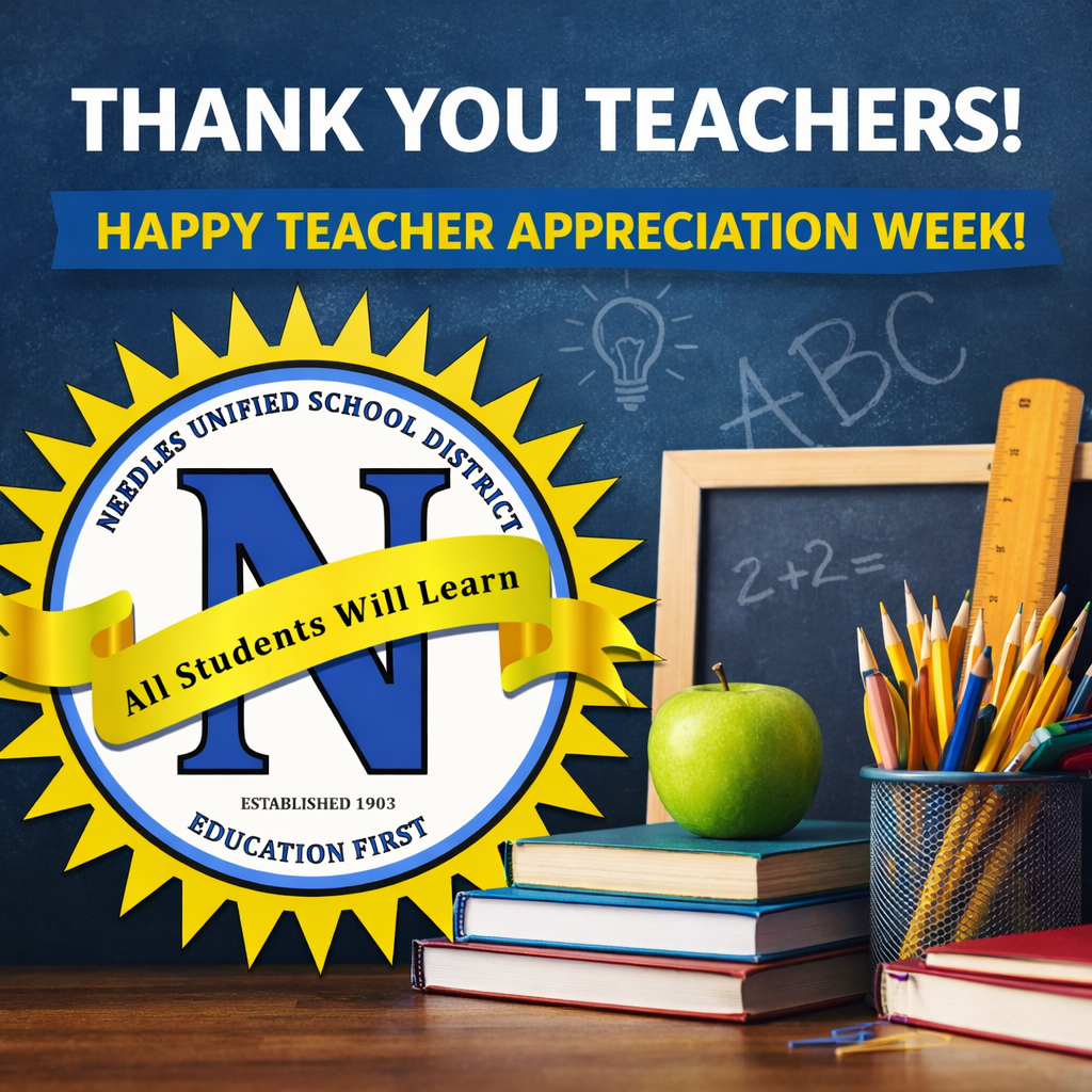 Alt text:  Graphic celebrating Teacher Appreciation Week with a blue chalkboard background. Large text reads “Thank You Teachers! Happy Teacher Appreciation Week!” A school district logo is prominently displayed. On a desk in front are stacked books, a green apple, and a cup filled with pencils and a ruler. A small chalkboard shows “2 + 2 =” with doodles of a lightbulb and “ABC” in the background.