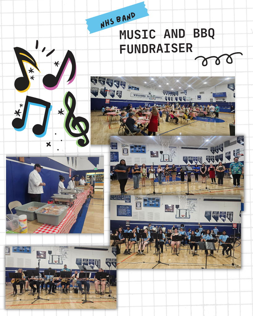 Alt text:  Collage-style graphic promoting an NHS Band “Music and BBQ Fundraiser.” Includes photos of a school gym filled with attendees seated at tables, a serving line with food trays, and student musicians performing in groups. Decorative musical notes appear on the left, and the title text is displayed at the top on a grid-style background.